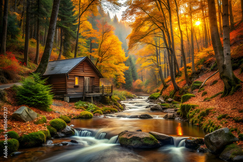 A small cabin is nestled in a forest with a stream running by it. The cabin is surrounded by trees and the stream is filled with rocks. The scene is peaceful and serene