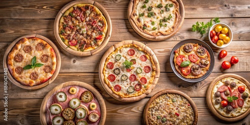 Variety of delicious pizzas on a rustic wooden table , Pepperoni, Margherita, Deep dish, Thin crust, Wood-fired, Toppings, Sauce