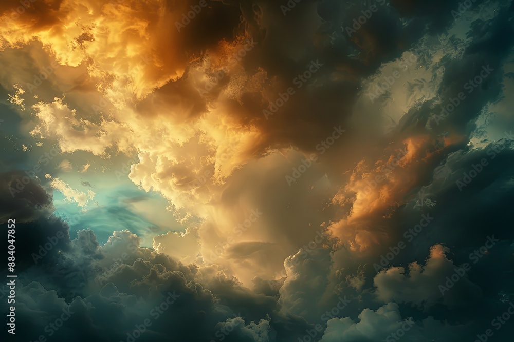 Dramatic Stormy Sky with Orange and Blue Clouds, Capturing the Power and Beauty of Nature in a National Geographic Style Dramatic Stormy Sky with Orange and Blue Clouds, Capturing the Power and Beauty of Nature in a National Geographic Style