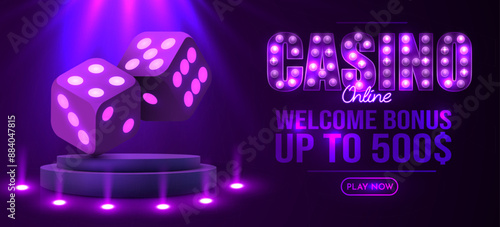 Realistic game neon dice with podium. Casino gambling design template banner web, advertising, mockup.