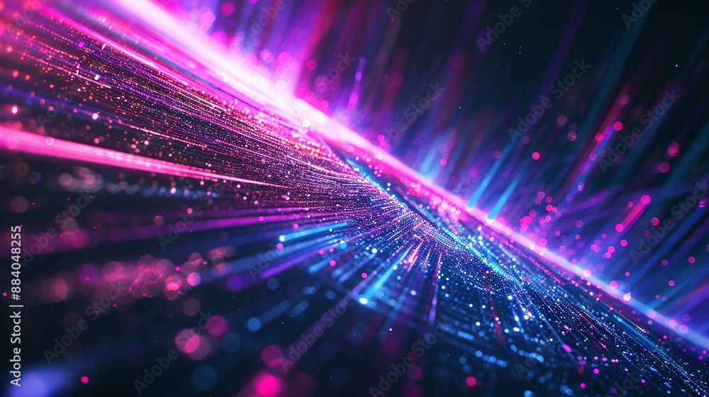 Radiant Neon Light Trails with Glittering Particles on Dark Futuristic Surface Radiant Neon Light Trails with Glittering Particles on Dark Futuristic Surface