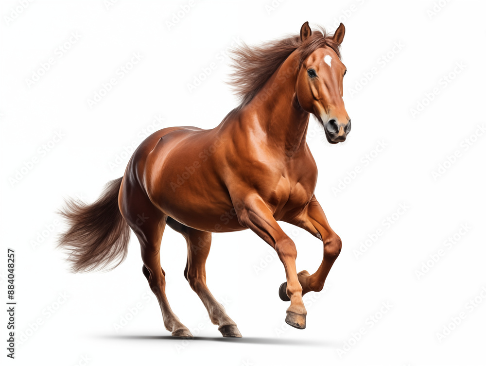 Brown horse isolated on white background. Running animal. Gallop competition. Horse racing and jumping competition Strong speed. Realistic photo generated by Ai technology Brown horse isolated on white background. Running animal. Gallop competition. Horse racing and jumping competition Strong speed. Realistic photo generated by Ai technology