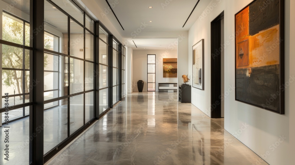 A contemporary hallway with sleek, black-framed glass doors, minimalist art pieces on the walls, and a polished concrete floor. A contemporary hallway with sleek, black-framed glass doors, minimalist art pieces on the walls, and a polished concrete floor.