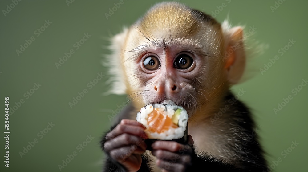 Curious Capuchin Monkey Delightfully Enjoying Sushi on Plain Green Background Curious Capuchin Monkey Delightfully Enjoying Sushi on Plain Green Background