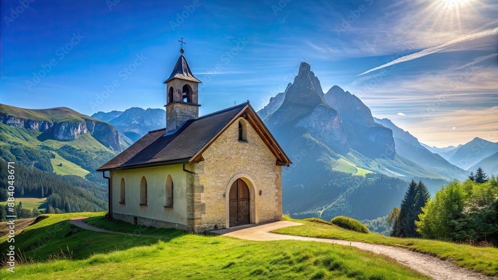 Chapelle Notre-Dame des Chaumes on a sunny day with a mountain landscape in the background, Vosges Chapelle Notre-Dame des Chaumes on a sunny day with a mountain landscape in the background, Vosges