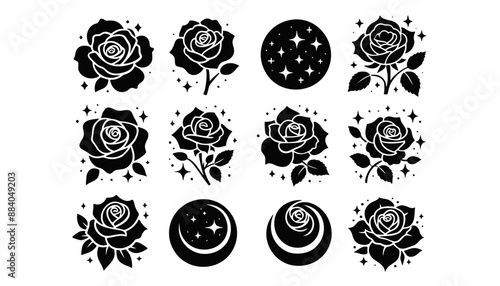Celestial Rose Icons Vector Collection: Mystical Roses with Stars and Moons for Fantasy Art, Graphic Design, and Themed Decorations