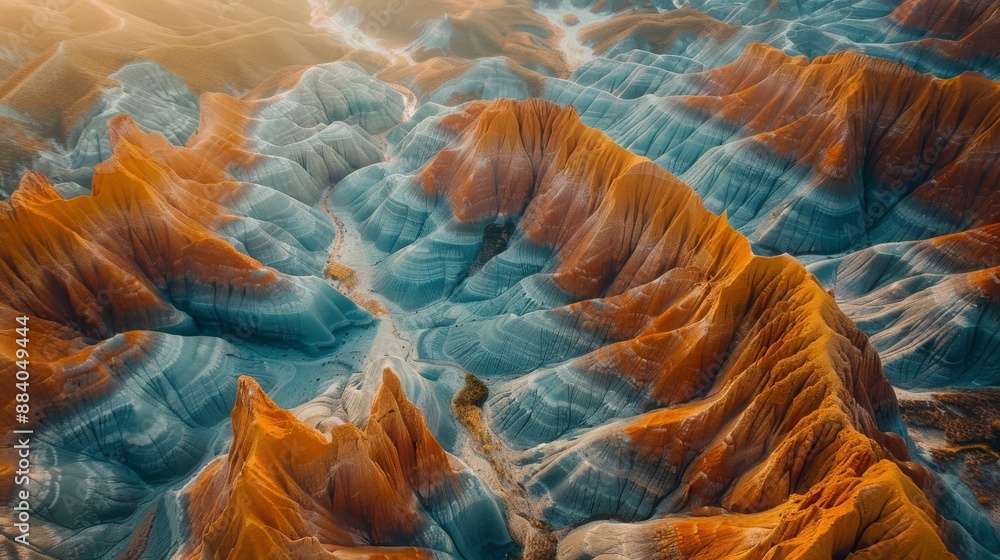 Aerial view of a colorful canyon landscape with vibrant blue and orange hues Aerial view of a colorful canyon landscape with vibrant blue and orange hues