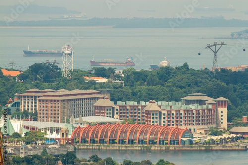 Aerial View Of Resorts World Sentosa Complex In Sentosa Island, Singapore. Resorts World Sentosa Is A Hot Spot For Both Tourists And Locals.