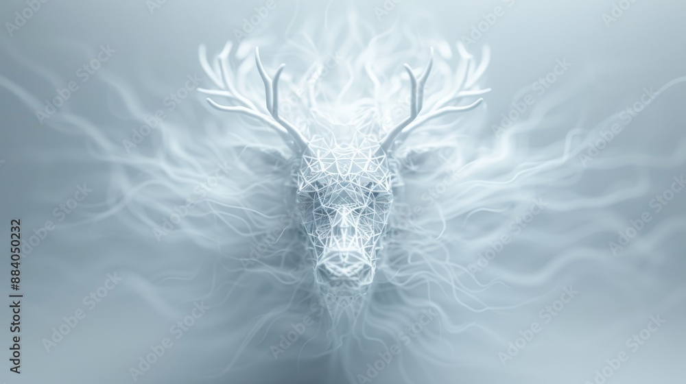 Naklejka premium Ethereal deer with intricate antler design in a mystical white mist, creating a surreal and dreamlike atmosphere.