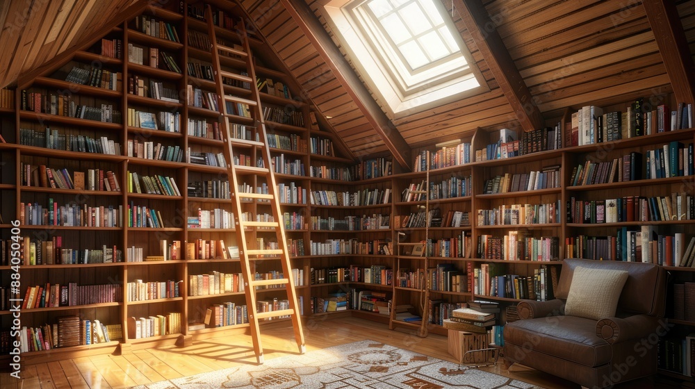 A cozy attic library with built-in bookshelves, a comfortable reading chair, a skylight, and a ladder for reaching high shelves. A cozy attic library with built-in bookshelves, a comfortable reading chair, a skylight, and a ladder for reaching high shelves.