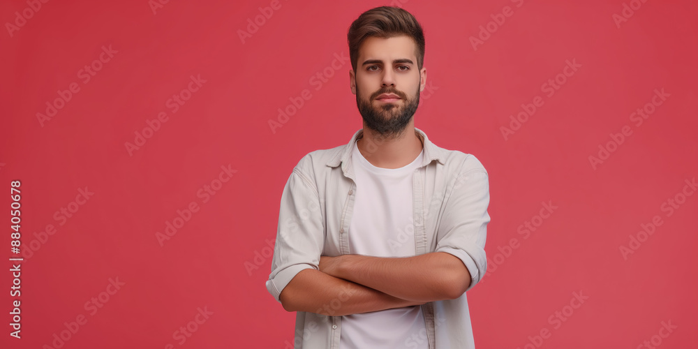 A man with a beard and a white shirt is standing in front of a red background. He is looking at the camera with a serious expression A man with a beard and a white shirt is standing in front of a red background. He is looking at the camera with a serious expression