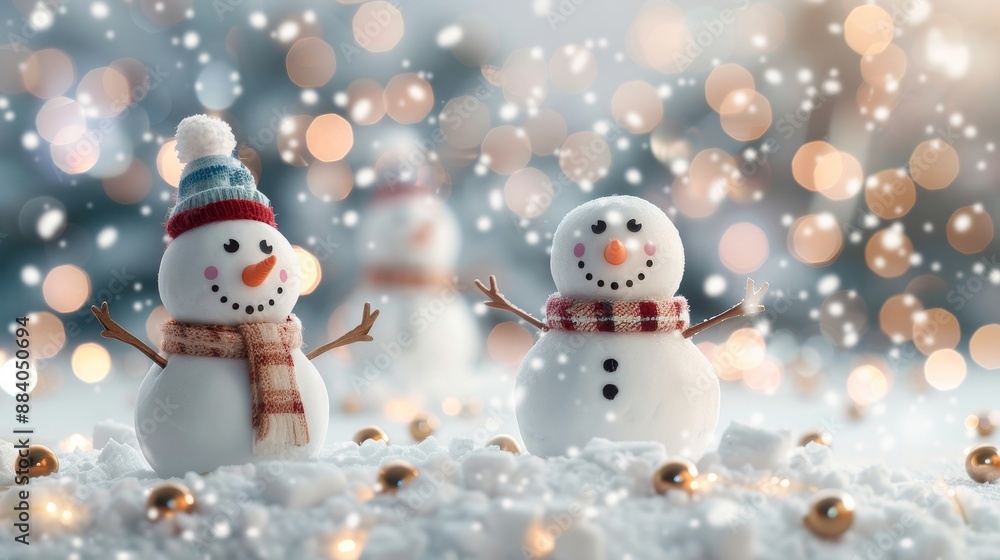 Festive snowmen with scarves and hats in a snowy, festive background, decorated with warm lights and snowflakes for a cheerful winter scene. Festive snowmen with scarves and hats in a snowy, festive background, decorated with warm lights and snowflakes for a cheerful winter scene.