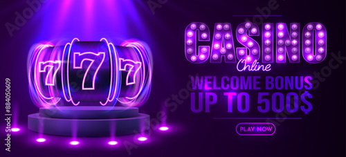 Neon slot machine wins the jackpot. Casino web banner.