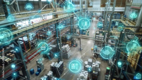 The Internet of Things IoT in manufacturing. Integration of connected devices to optimize production, maintenance, inventory, and other factory operations in the new era of Industry 4.0 