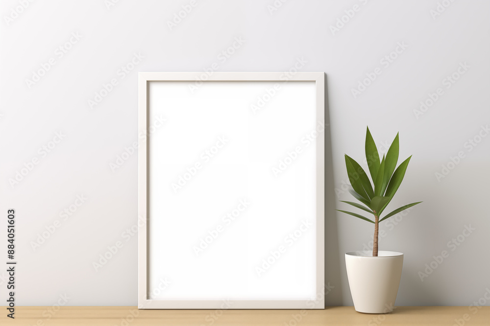 Empty mockup of white wooden frame art poster display next to green pot plant close up in 3D render style Empty mockup of white wooden frame art poster display next to green pot plant close up in 3D render style