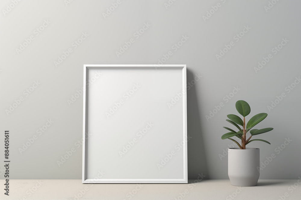 Mockup of empty modern white frame blank canvas with cute green plant in white pot on floor table light grey background Mockup of empty modern white frame blank canvas with cute green plant in white pot on floor table light grey background