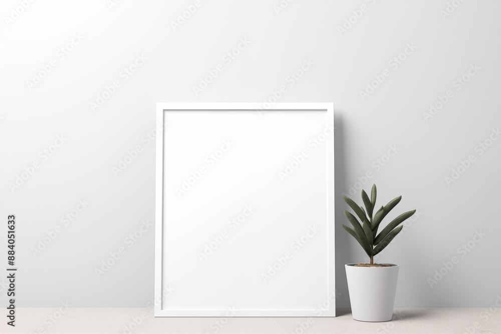 Mockup of empty rectangle white frame blank canvas with dark green plant in white pot on white wall background close up display 3D render style Mockup of empty rectangle white frame blank canvas with dark green plant in white pot on white wall background close up display 3D render style