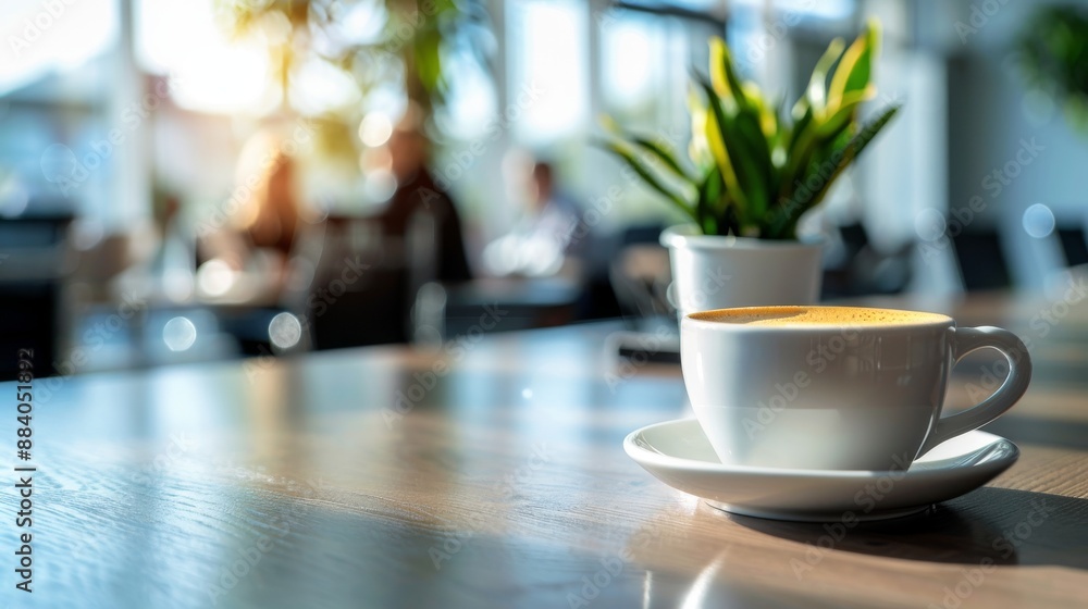 Blurred background of coffee shop with cup of coffee in foreground Blurred background of coffee shop with cup of coffee in foreground