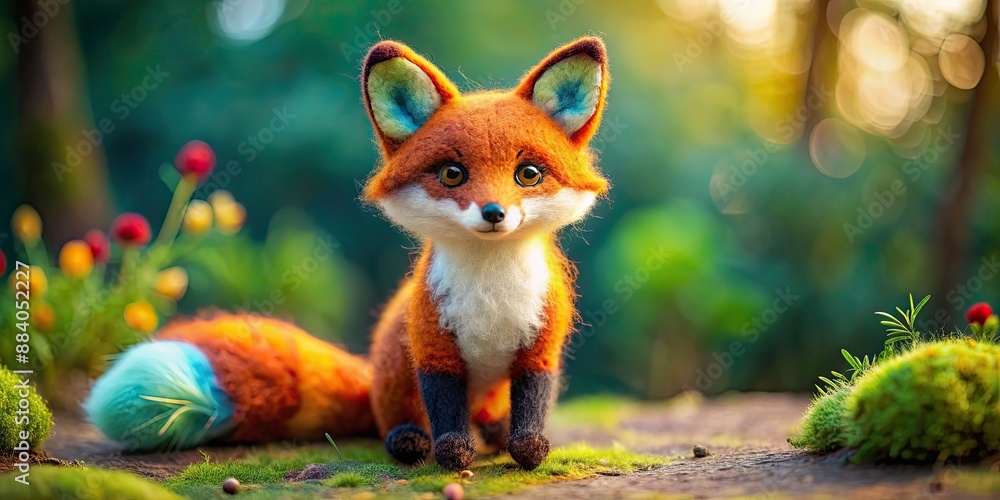 Naklejka premium Adorable felted fox toy with vibrant colors and intricate details against a soft background , felted, animal, toy, fox
