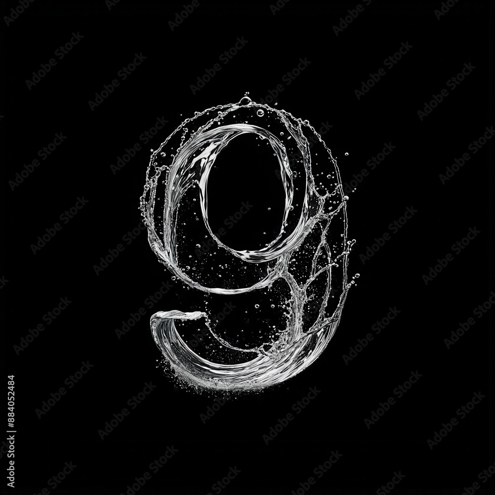 Number 9. Nine. Liquid Fluid Water effect with Splashes and Droplets ...