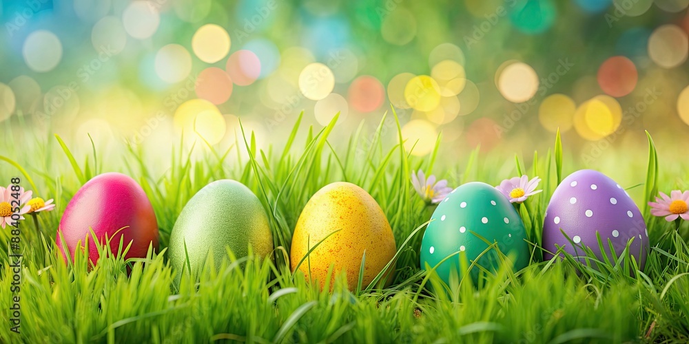 Fototapeta premium Easter eggs nestled in green grass with a colorful easter background, Easter, eggs, holiday, spring, traditional