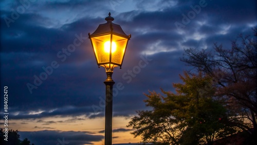 solitary street lamp post stands tall, its warm glow illuminating the dark evening atmosphere., evening, night, atmosphere, solitary