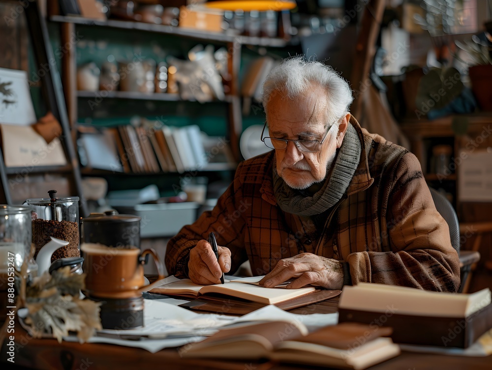 Senior Man Reflecting on Life s Memoir at a Cozy Cafe Workspace Senior Man Reflecting on Life s Memoir at a Cozy Cafe Workspace