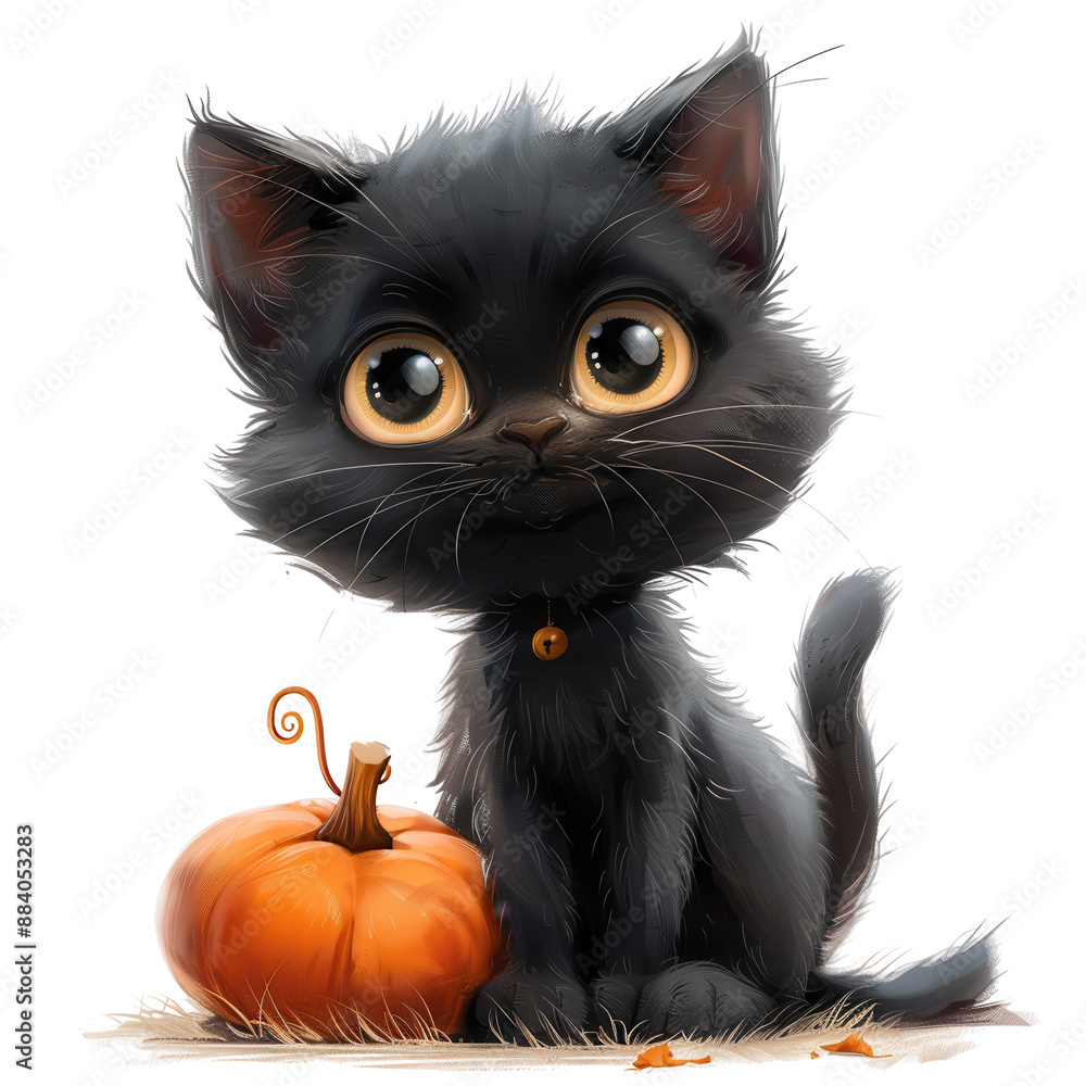 Adorable black kitten sitting beside a small pumpkin, perfect for autumn and Halloween themed designs. Adorable black kitten sitting beside a small pumpkin, perfect for autumn and Halloween themed designs.