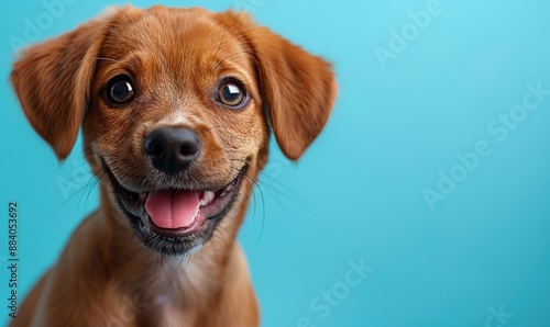 A happy puppy dog smiles on an isolated light blue background.