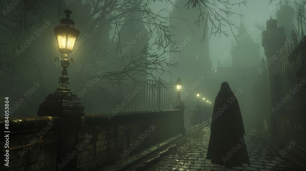 Mysterious Evening Walk on a Foggy Old Street with Victorian Lamp Posts ...