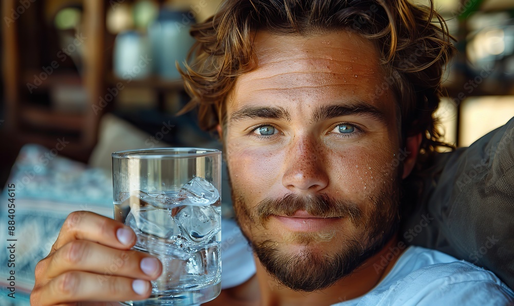 In his morning routine, a man grasps a glass of clean, mineral water, starting his day with a healthy habit at home. In his morning routine, a man grasps a glass of clean, mineral water, starting his day with a healthy habit at home.