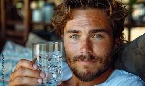 In his morning routine, a man grasps a glass of clean, mineral water, starting his day with a healthy habit at home.