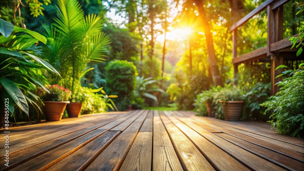 Warm sunlight illuminates a serene wooden terrace with lush greenery, beautifully set against a blurred background, evoking feelings of intimacy and relaxation. Warm sunlight illuminates a serene wooden terrace with lush greenery, beautifully set against a blurred background, evoking feelings of intimacy and relaxation.