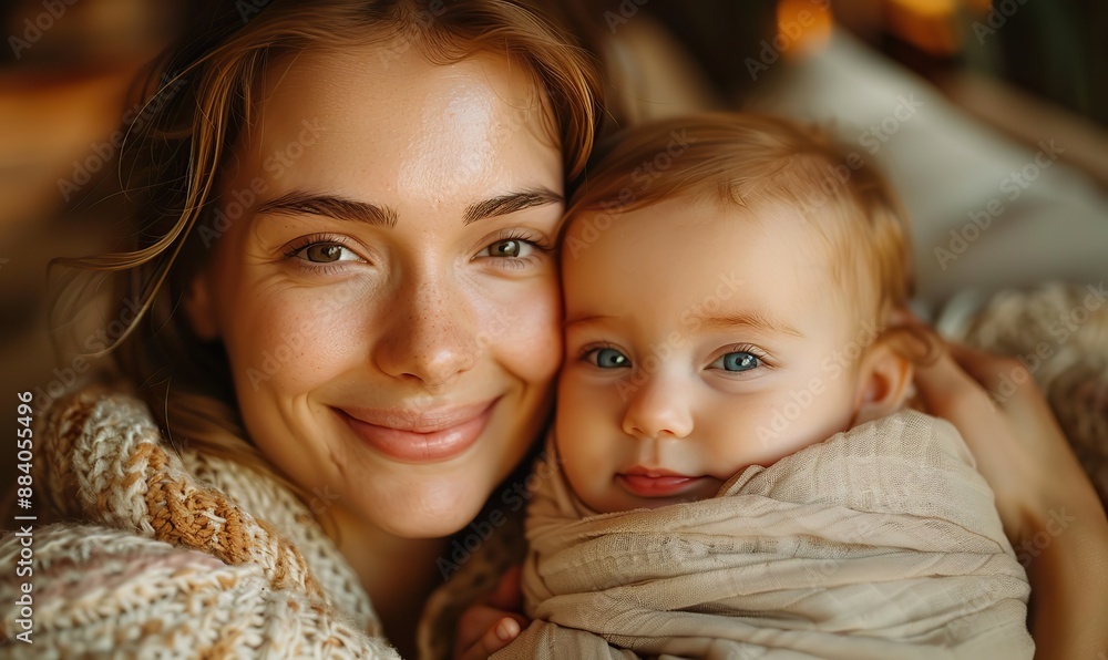 A loving mom holds her sleeping infant child in her arms, creating a bright portrait of maternal affection at home. A loving mom holds her sleeping infant child in her arms, creating a bright portrait of maternal affection at home.