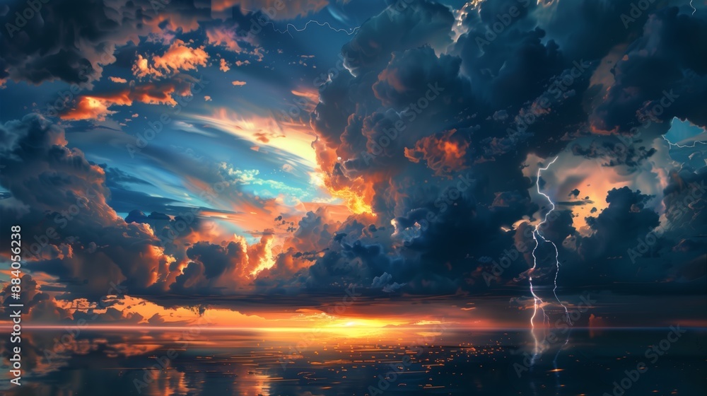 Obraz premium Dark clouds gather, lightning illuminates the evening sky, hinting at the approaching summer tempest.