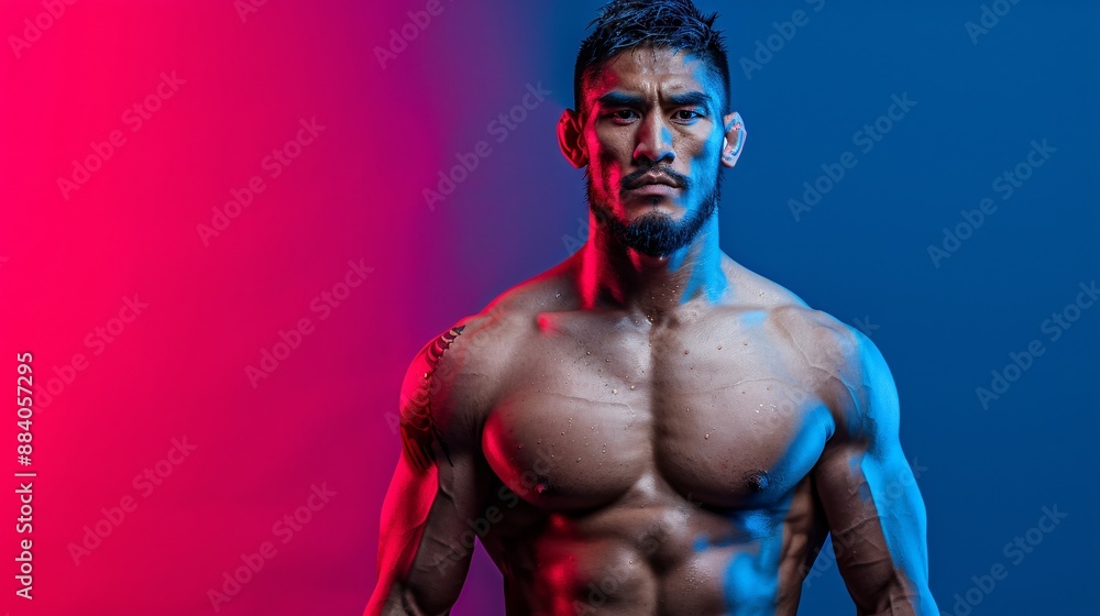 Muay Thai fighter's upper body, with prominent muscles from shoulder to waist, bathed in dim red and blue light on a black background. Muay Thai fighter's upper body, with prominent muscles from shoulder to waist, bathed in dim red and blue light on a black background.