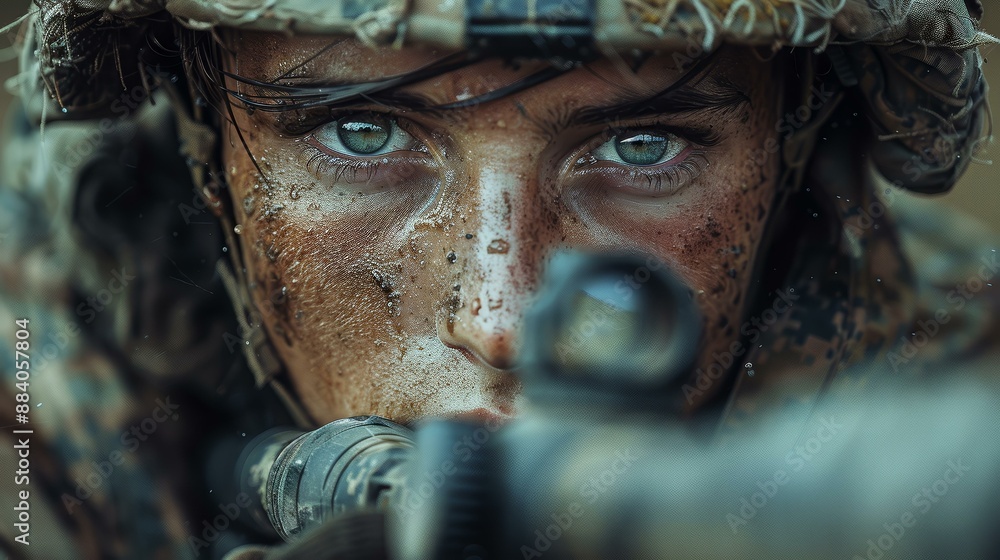 Obraz premium Focused Military Mindset Close Up of Female Soldier Focused Eyes Military Readiness and Determination Concept Discipline Under Pressure