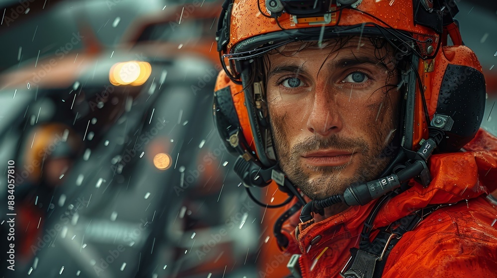 Closeup Portrait of a Pilot Wearing a Helmet and Orange Suit in the Rain. Closeup Portrait of a Pilot Wearing a Helmet and Orange Suit in the Rain.