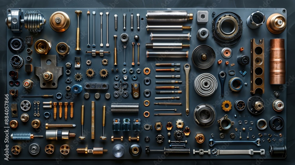 Fototapeta premium Industrial Metal Parts and Components on Grey Background.
