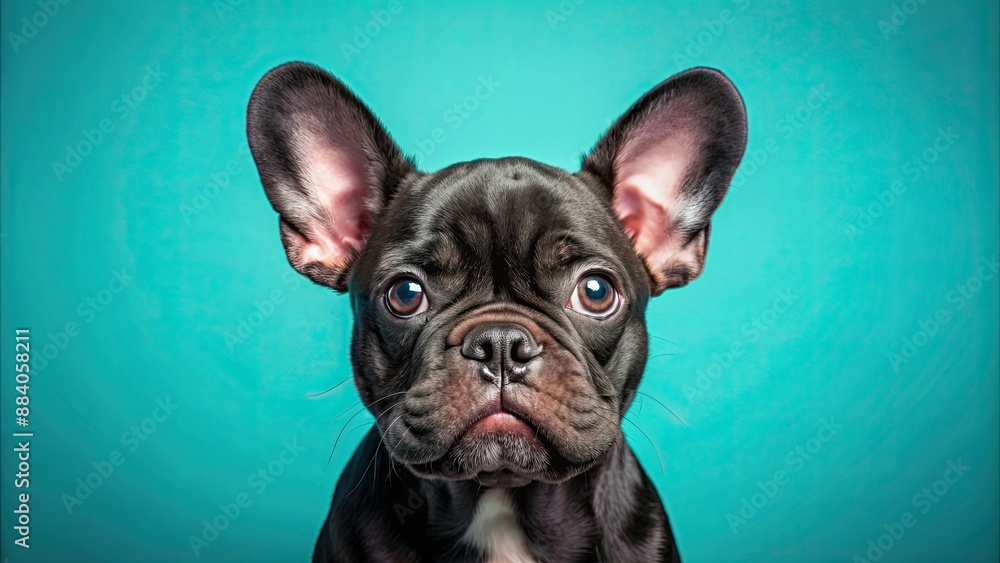 Close-up of cute black French Bulldog puppy with expressive eyes and curious expression on turquoise background Close-up of cute black French Bulldog puppy with expressive eyes and curious expression on turquoise background