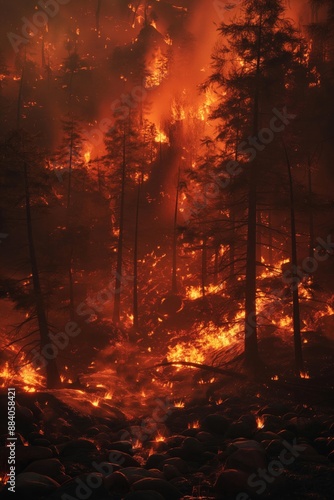 A forest engulfed in flames during a wildfire, showcasing the intensity and destruction of the blaze. © Darya