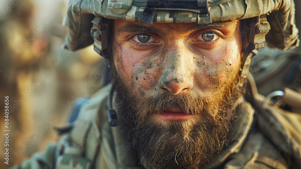Fototapeta premium Close Up Portrait of a Soldier with a Dirty Face and Beard.