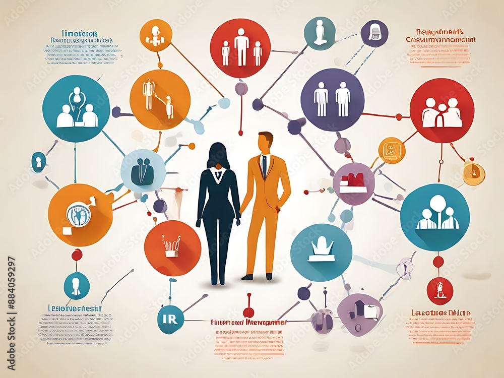 An illustration of human resource management, featuring elements of HR, recruitment, leadership, and teambuilding, with interconnected icons and symbols representing these concepts An illustration of human resource management, featuring elements of HR, recruitment, leadership, and teambuilding, with interconnected icons and symbols representing these concepts
