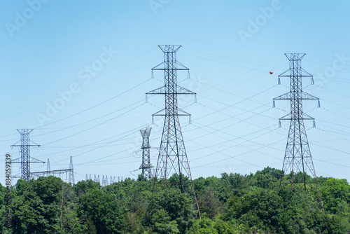 A group of tall power lines are seen in a forest