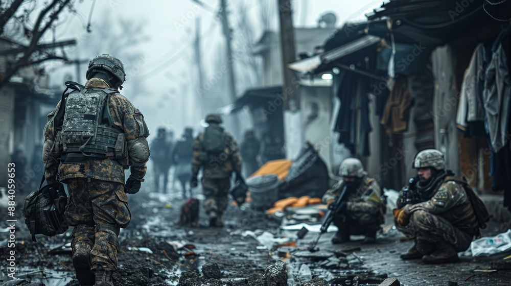 Soldiers walking through destroyed city. Soldiers walking through destroyed city.