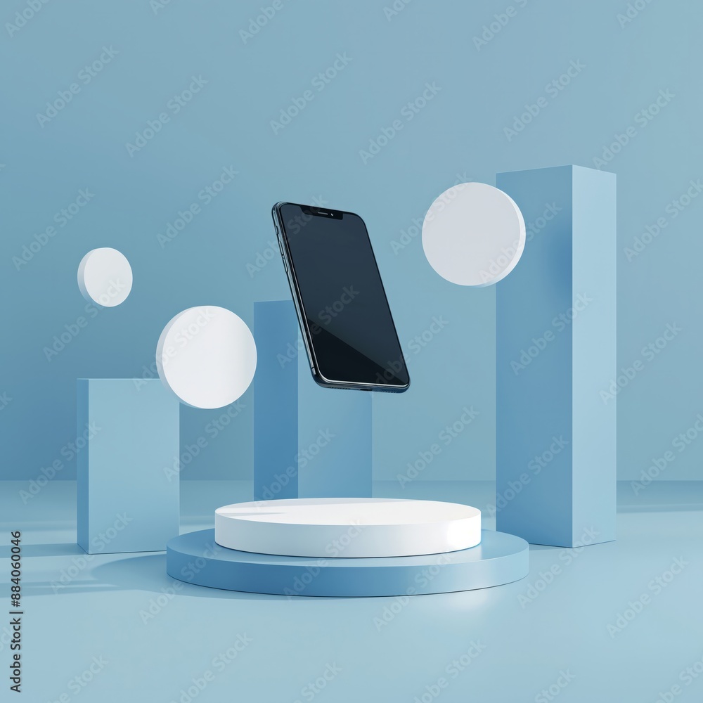 A floating smartphone surrounded by blue geometric shapes, perfect for themes of technology, innovation, and product mockups. A floating smartphone surrounded by blue geometric shapes, perfect for themes of technology, innovation, and product mockups.