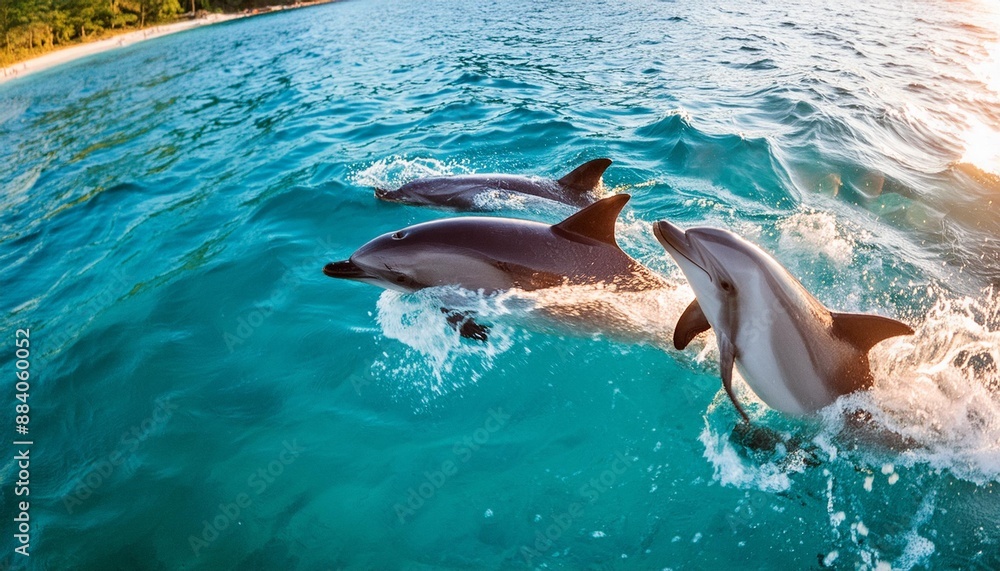 Obraz premium Showcase the playful interaction of dolphins in crystal-clear waters.