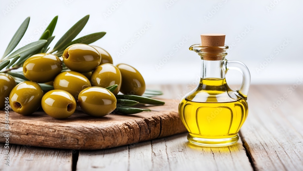 Fresh olives and olive oil on rustic wooden Fresh olives and olive oil on rustic wooden