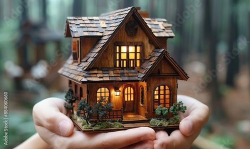 Closeup of hands holding a house model, a concept for architecture, building, construction, real estate, and property. photo