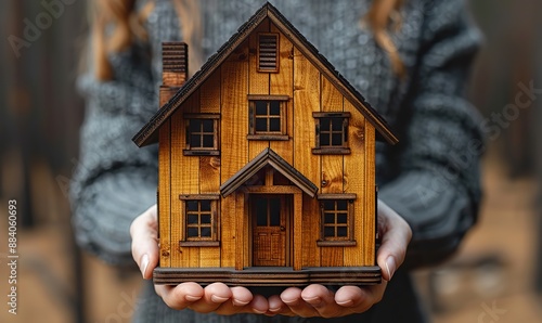 Closeup of hands holding a house model, a concept for architecture, building, construction, real estate, and property. photo